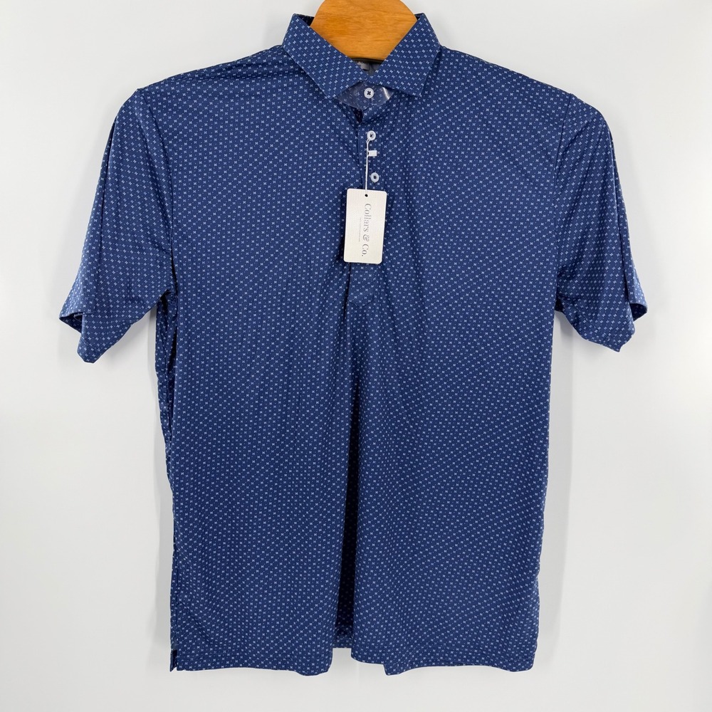 Collars & Co Mens Performance Polo Shirt Navy‎ Blue Geometric Print Size L NWT